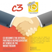 Graphic of two hands shaking, with text announcing a partnership between Social Enterprise Mark CIC and C3