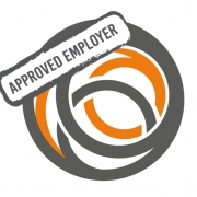 Grey and orange overlapping circles with a stamp across the top left saying 'Approved Employer'