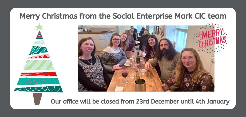 Merry Christmas from the Social Enterprise Mark CIC team with a photo of the team and Christmas tree animation
