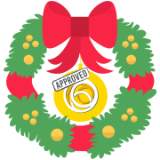 Christmas wreath with a yellow bauble in the middle with the Social Enterprise Mark 'approved' logo