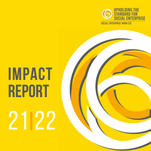Yellow background with orange and white circles and Social Enterprise Mark logo with text 'Impact Report 21/22"