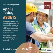 Apply today - ASSETS. Image of a female wearing a white hard hat speaking to a man wearing a yellow hard hat