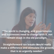 Photo of a woman speaking with text overlay: "The world is changing, and governments and businesses need to change with it, not remain stuck in the old paradigm."